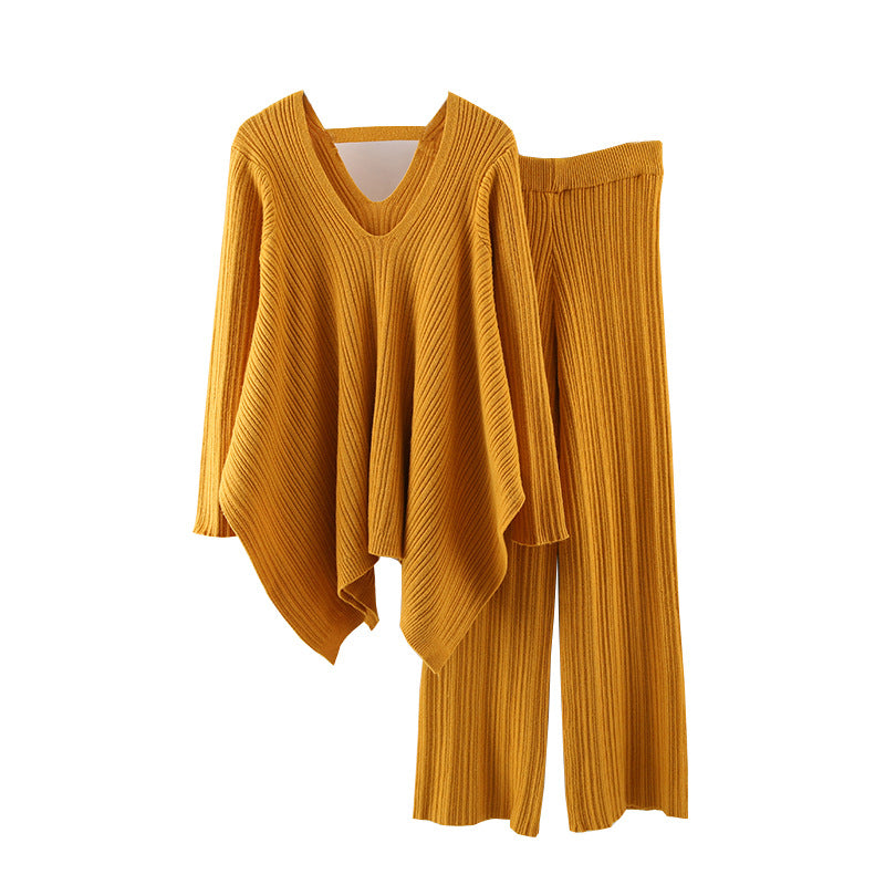 Autumn Fashionable Stylish Pleated Knitted Irregular V-neck Top Wide Leg Pants Sweater Suit