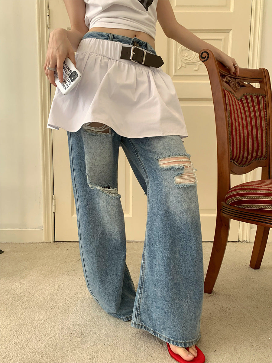 Pantalon en denim à jambes larges déchiré et élégant pour femme