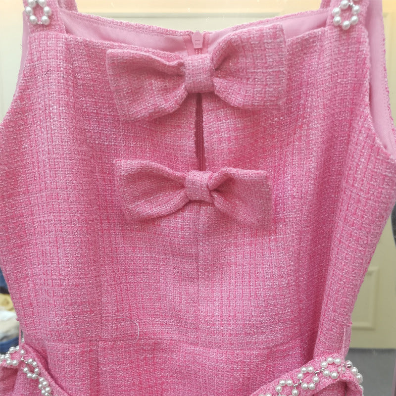 Spring And Summer Classic Style Carded Woollen Fabric New Style Pink Strappy Bow Dress