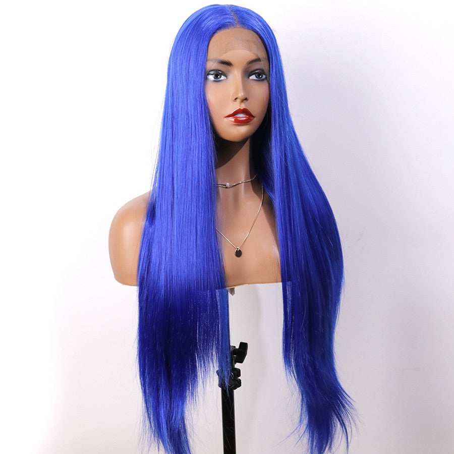 Synthetic Front Lace Headgear Blue Long Straight