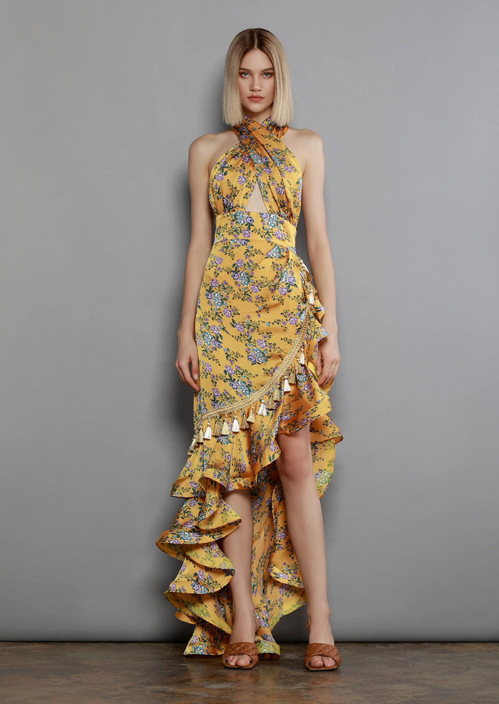 Women's Printed Halter Backless Floral Long Dress