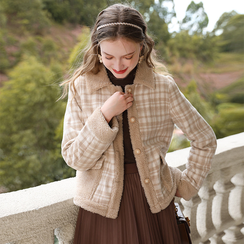 Veste en coton patchwork en cachemire d'agneau à carreaux pour femme