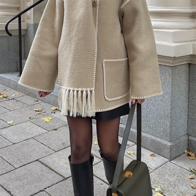 Abrigo de lana gruesa para mujer con bufanda y borlas, chaqueta holgada a la moda, ropa de calle informal para oficina y otoño e invierno