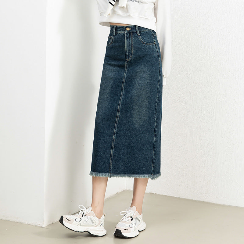 Women's Retro High Waist Raw Hem Denim Skirt