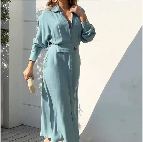 V-neck Long Sleeve Lapel Dress For Women Fashion Slim Long Dress