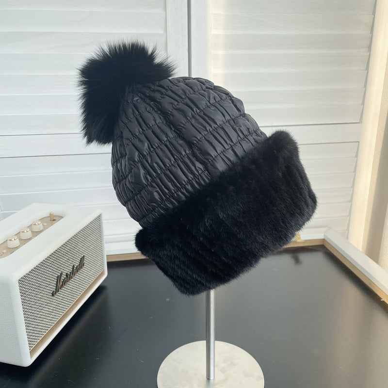 Winter Warm Mink Fur Woven Mink Fur Cap Women's Cute Fox Fur Ball Down Cotton Ear Protection Fur Hat