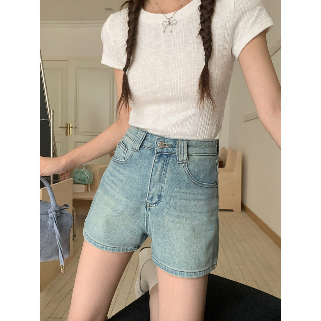 Women's Four Sided Elastic Light Colored High Waisted Denim Shorts