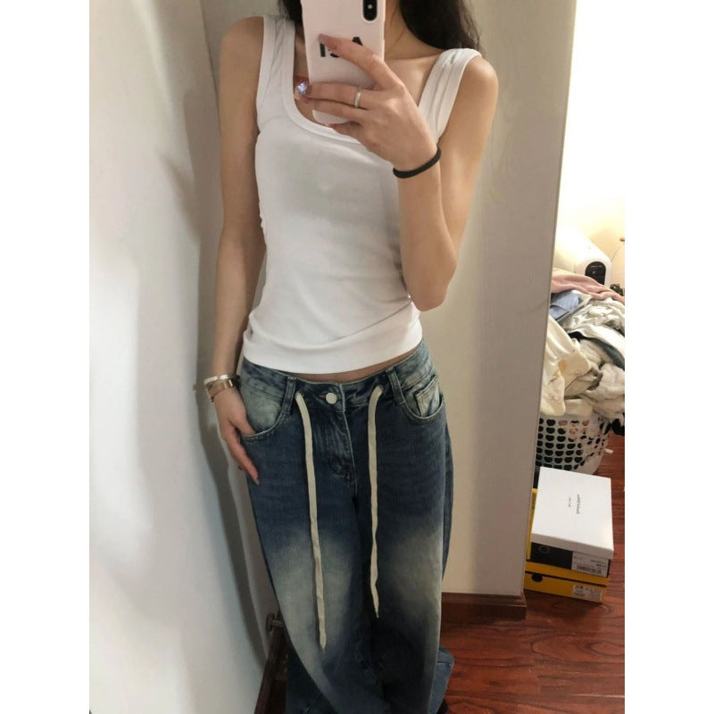 Straight Loose Slimming And Wide Leg All-match Retro Washed Jeans