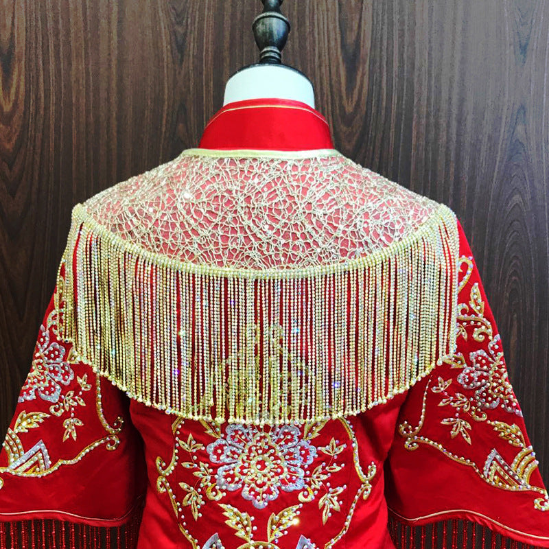 Xiuhe Châle Mariage Mariage Rouge Or Gland Dentelle Robe Traditionnelle