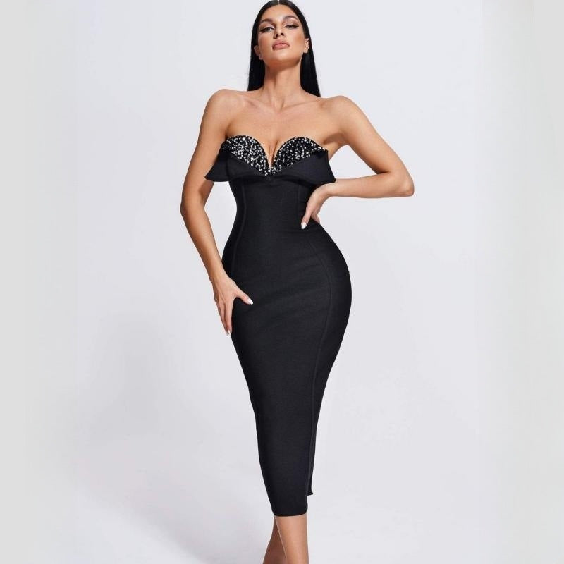 Women's Sequined Low Cut Strapless Black Bandage One-piece Dress