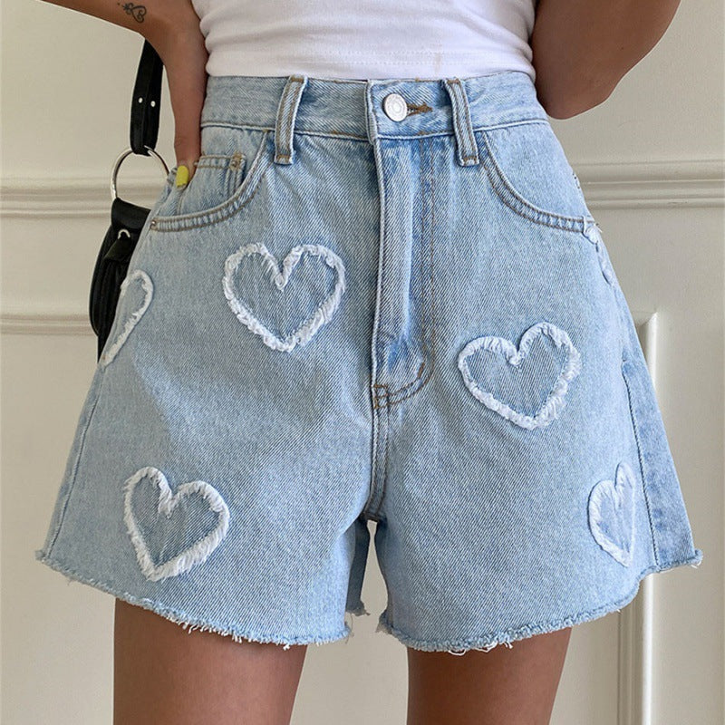 Cute Frayed Heart Pattern Light Color And Water Scrubbing High Waist Denim Shorts