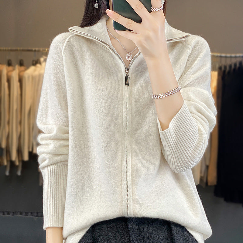 FallWinter New High Neck Wool Knit Cardigan Women