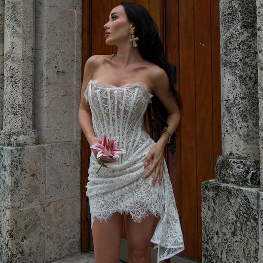 Vestido con top de tubo y cintura con costuras transparentes de encaje sexy para mujer