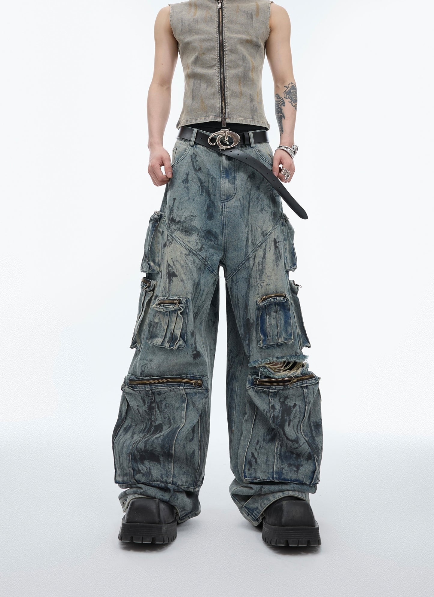 Distressed Multi-pocket Design Jeans Hand-painted Craft