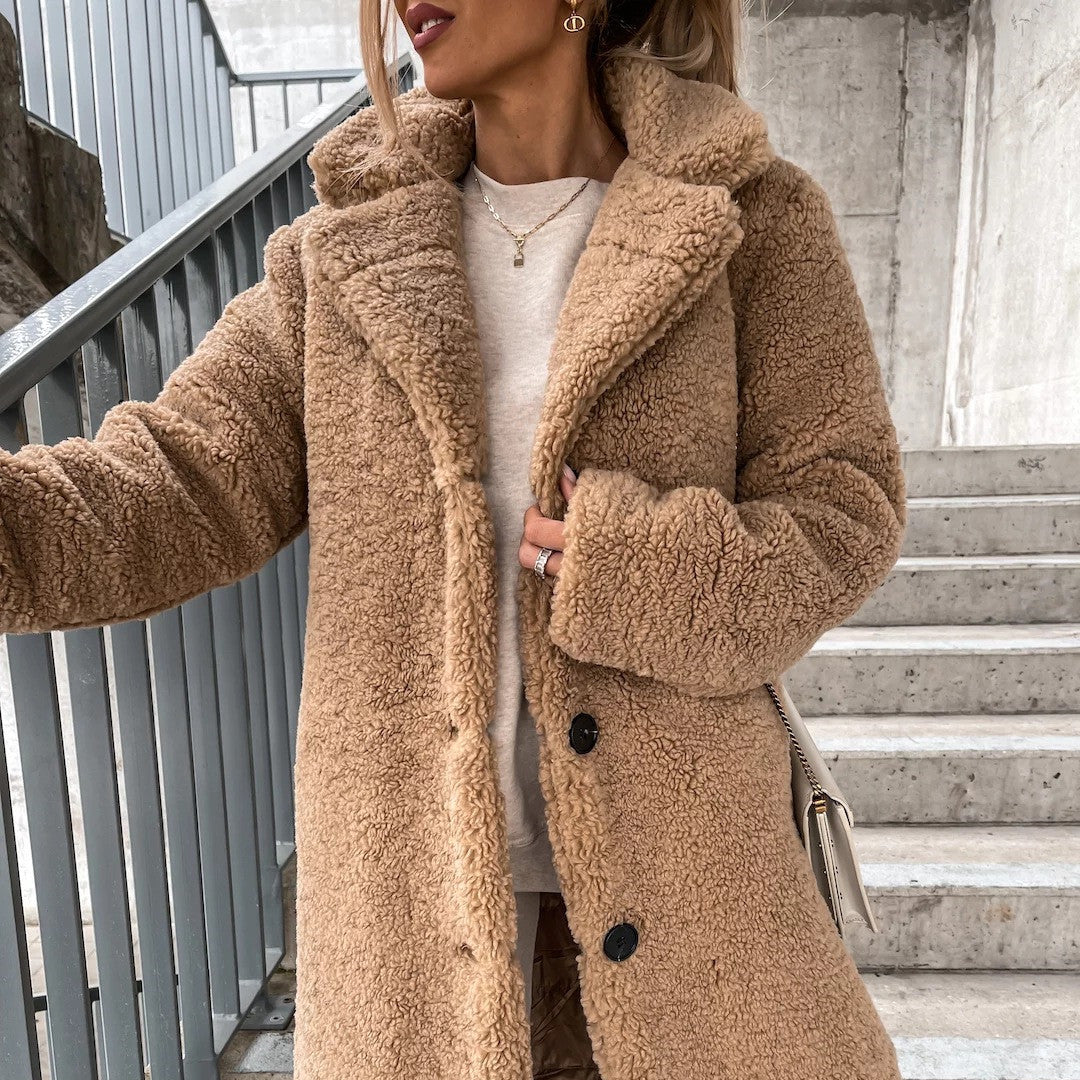 Chaqueta de felpa con solapa de manga larga para mujer