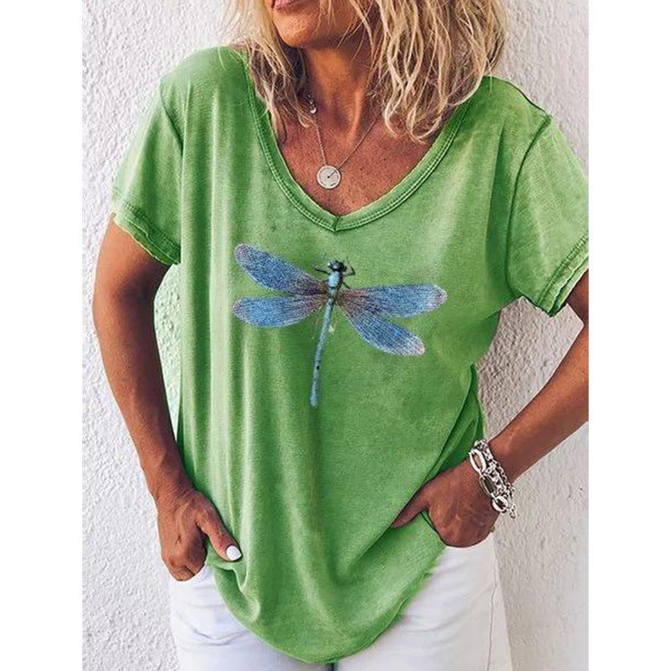 Dragonfly Printed V-neck Short Sleeve Women