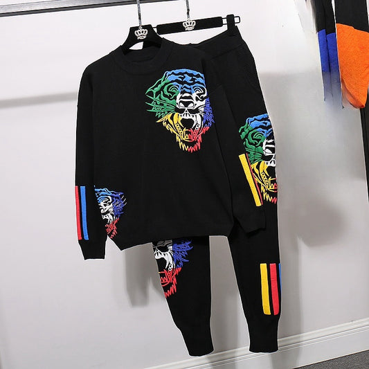 Autumn And Winter New Three-dimensional Printing Knitted Sweater Suit Two-piece Set