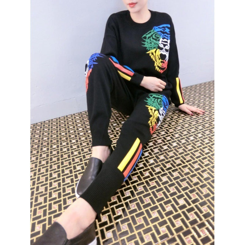 Autumn And Winter New Three-dimensional Printing Knitted Sweater Suit Two-piece Set