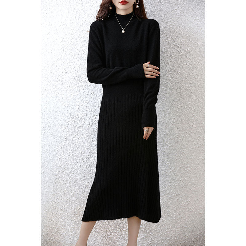 Autumn And Winter New Pure Wool Dress Women's A- Line Style Overknee Mid-length