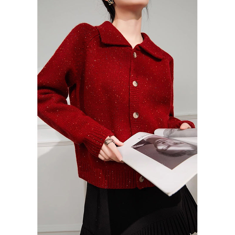 Pull ample et Simple en soie rouge brillant à revers pour femmes