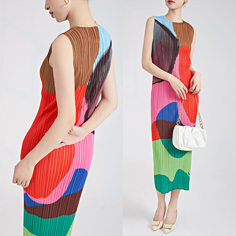 Fashion High-end Pleated Sleeveless Printed Straight Retro Dress