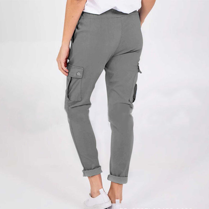 Pantalones cargo casuales con bolsillos Pantalones lápiz de cintura con cordón de color sólido para mujer