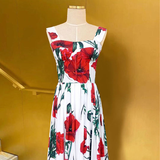 White Waisted High Waist Print Swing Temperament Commute Dress