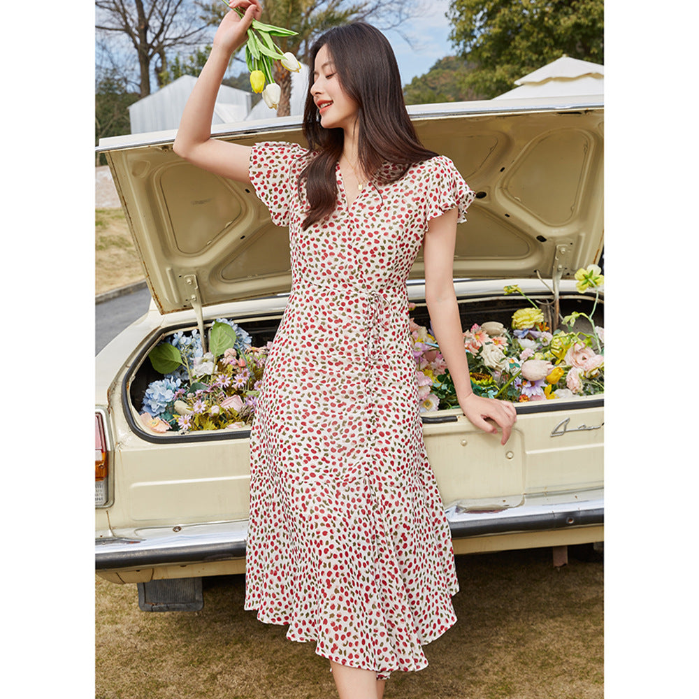 Vestido midi adelgazante con cuello en V para mujer