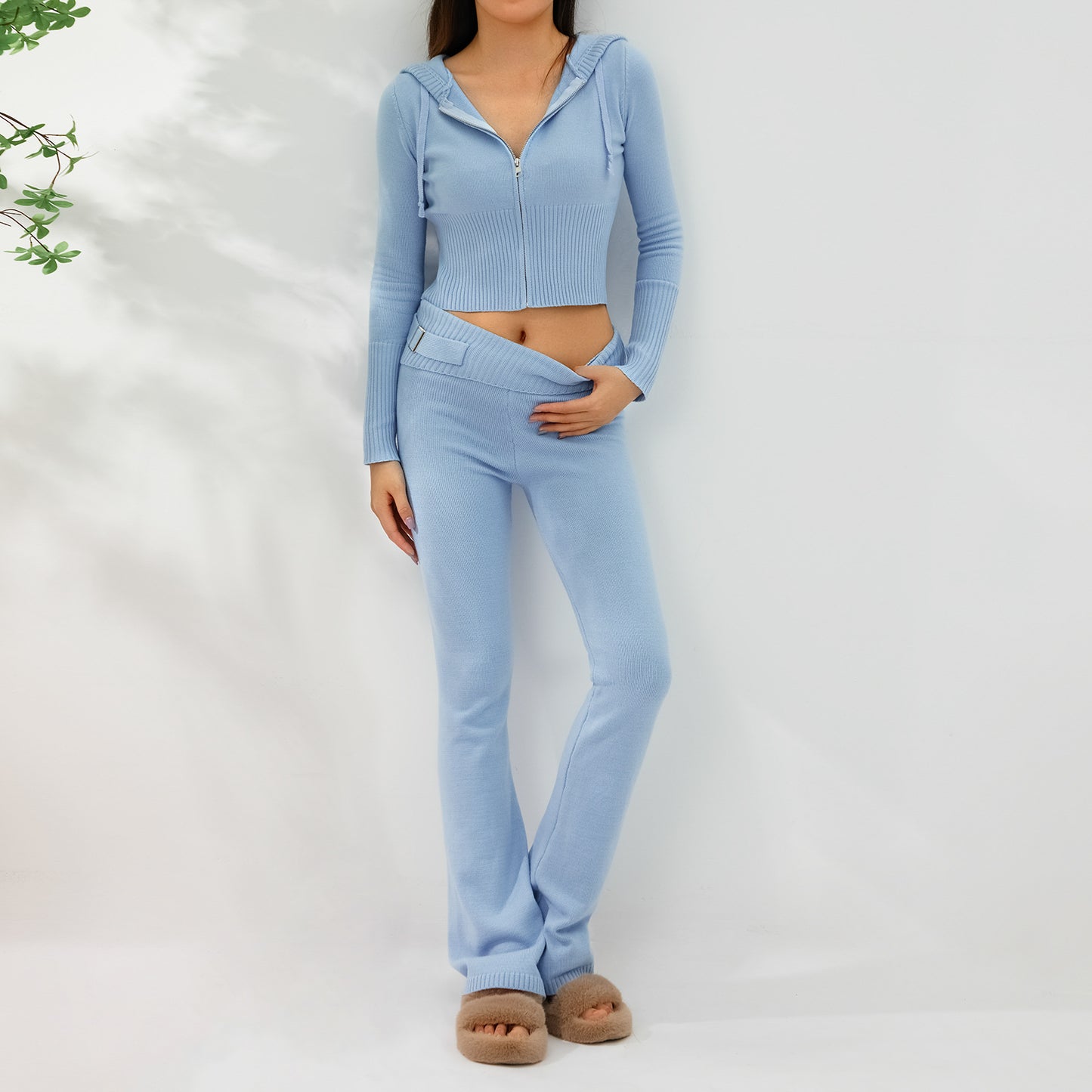 Trajes con capucha de punto para mujer, cárdigan de manga larga y pantalones de cintura alta, 2 uds.