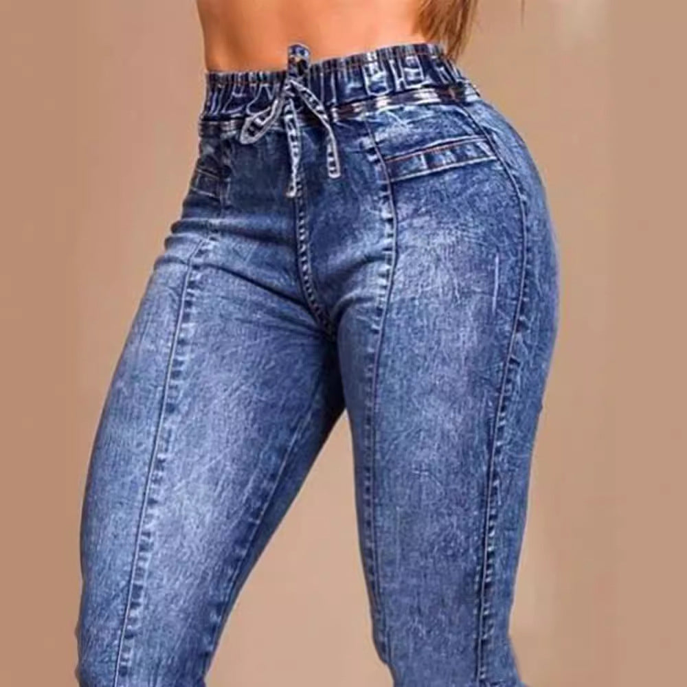 Jean Slim à lacets pour femmes, taille élastique