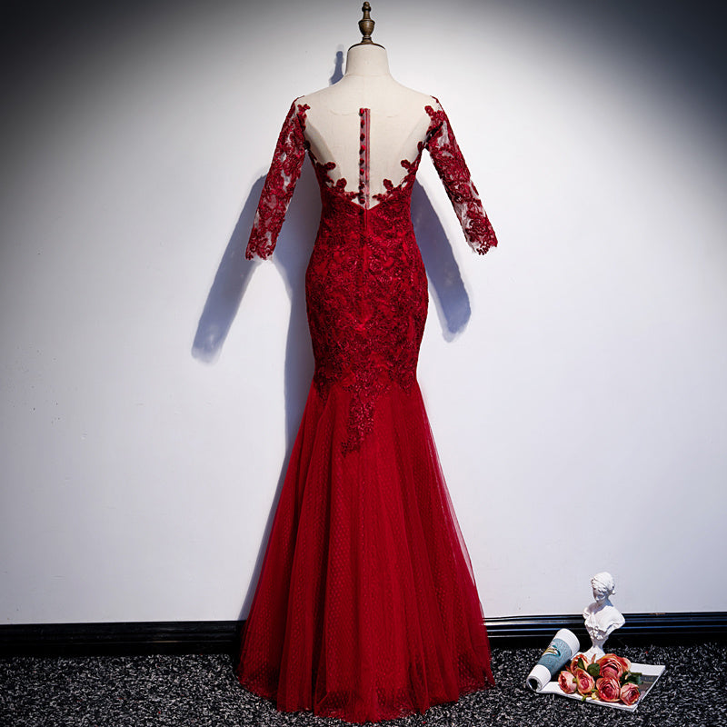 Vestido de noche elegante rojo con cola de pez larga de novia