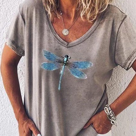 Dragonfly Printed V-neck Short Sleeve Women