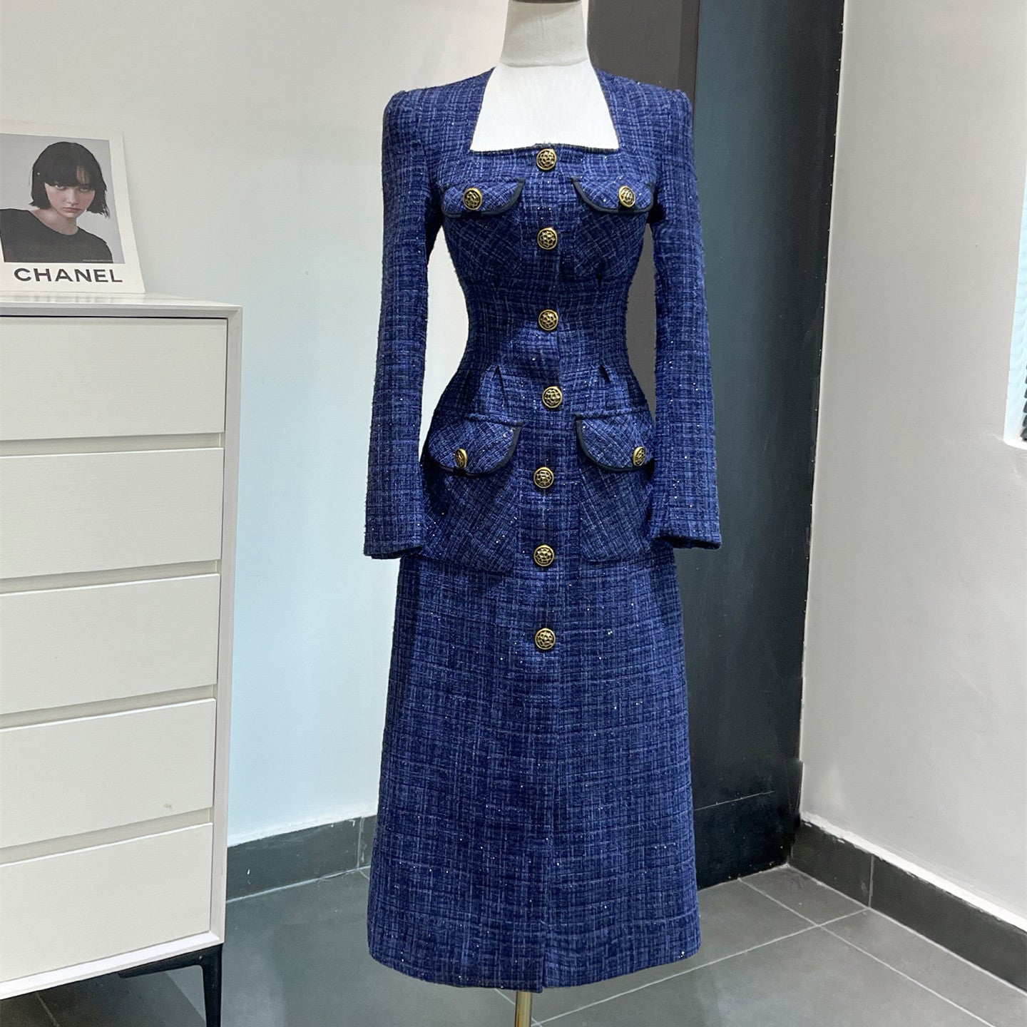 Vestido de alta sociedad con temperamento tejido de tweed francés