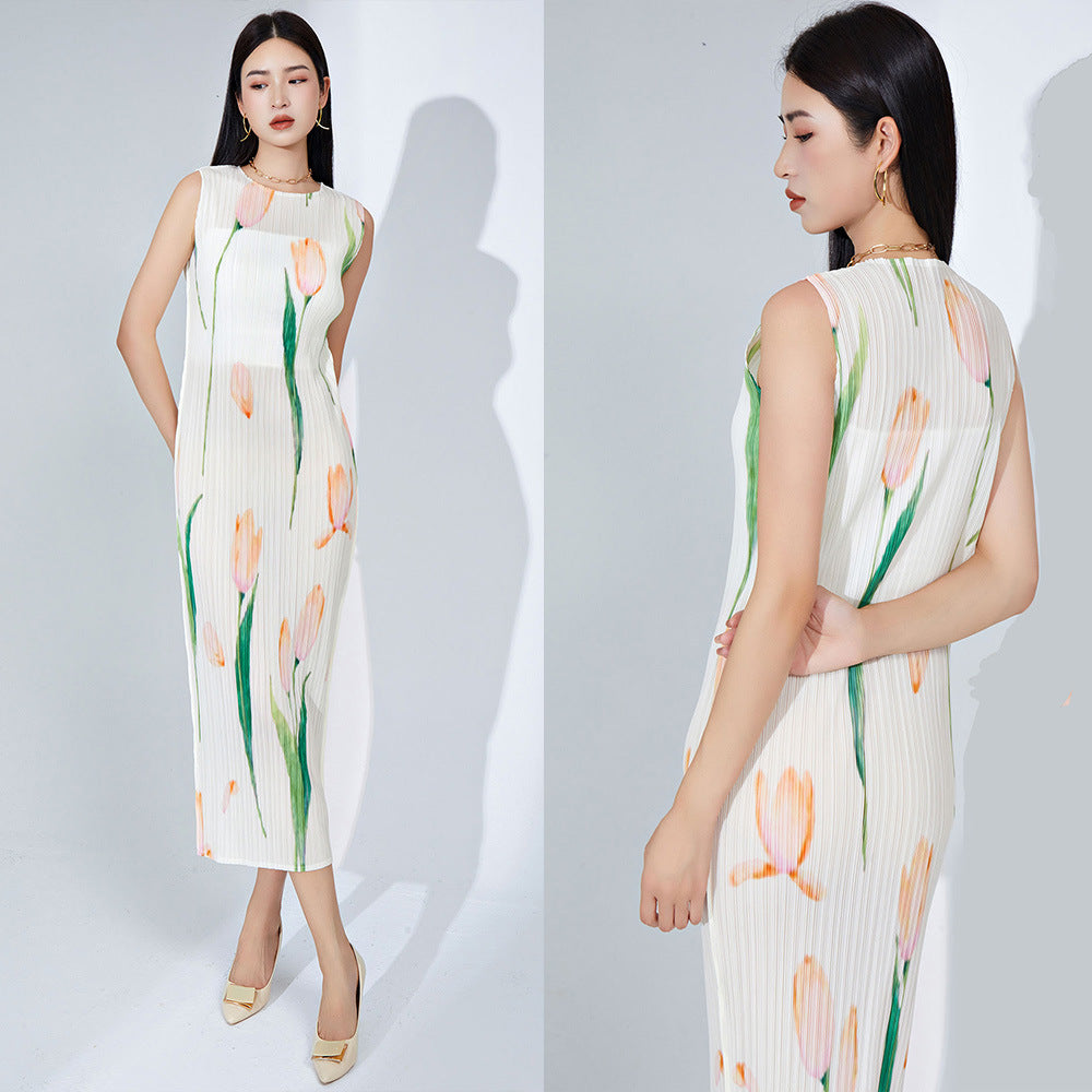 Fashion High-end Pleated Sleeveless Printed Straight Retro Dress