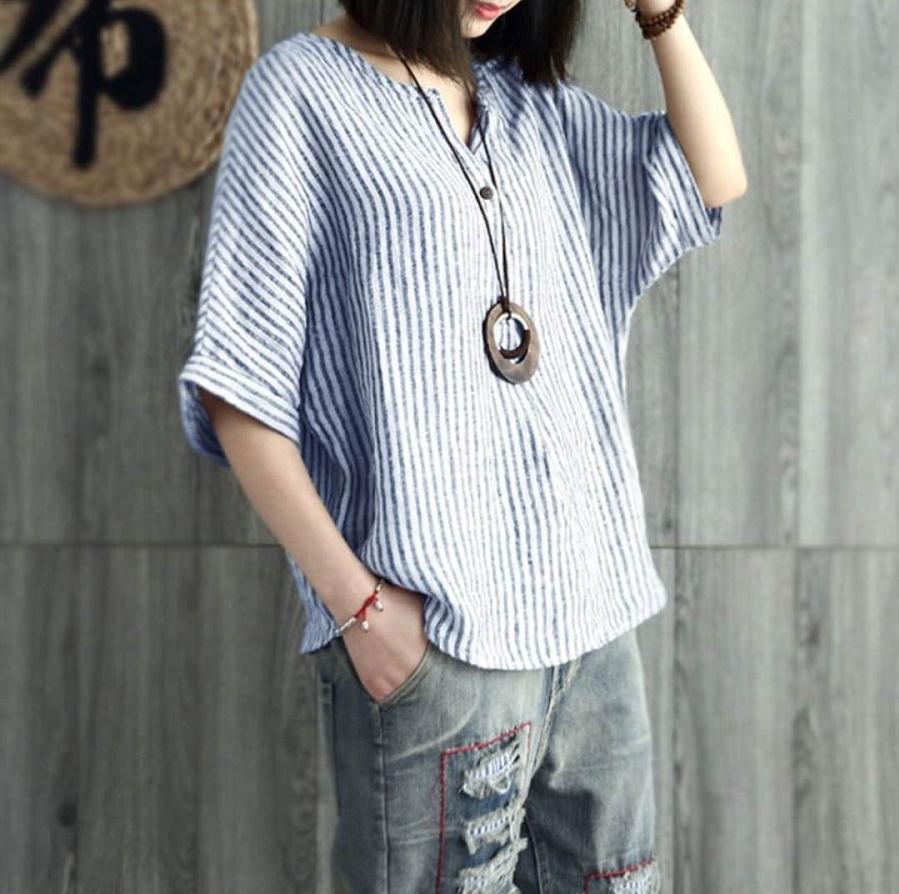 Women's Batwing Sleeve Striped Cotton Crew Neck Casual T-shirt