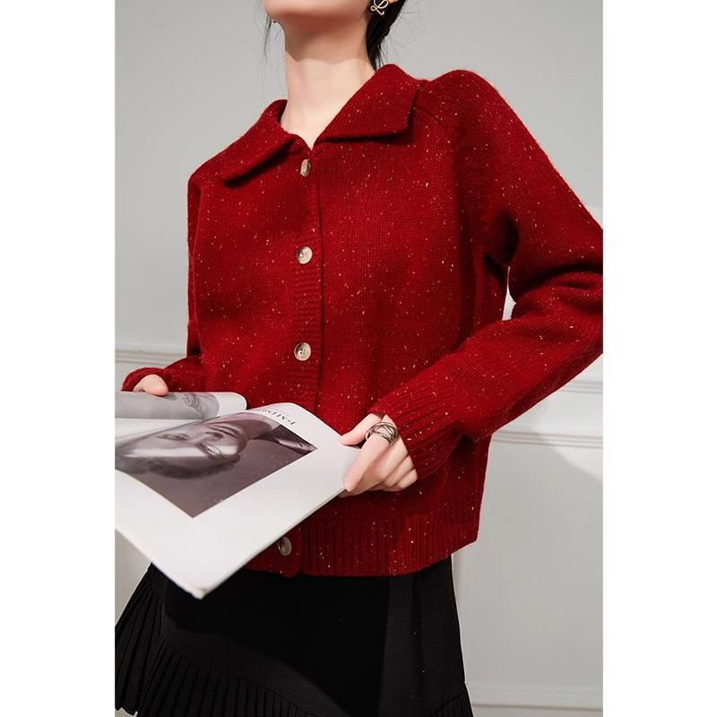 Women's Loose And Simple Lapel Red Bright Silk Sweater