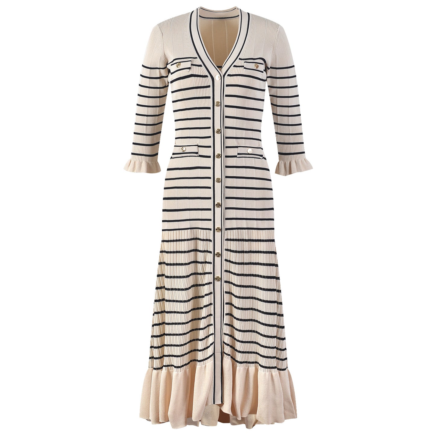 Gentle French Spring And Summer Striped Knitted V-neck Dress