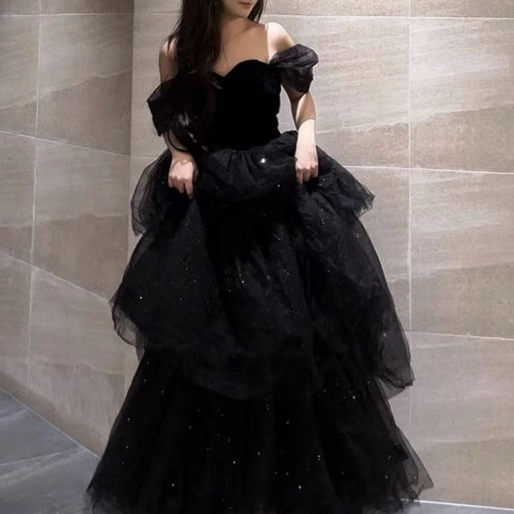 Vestido de noche negro Pettiskirt estilo francés minoritario de lujo ligero