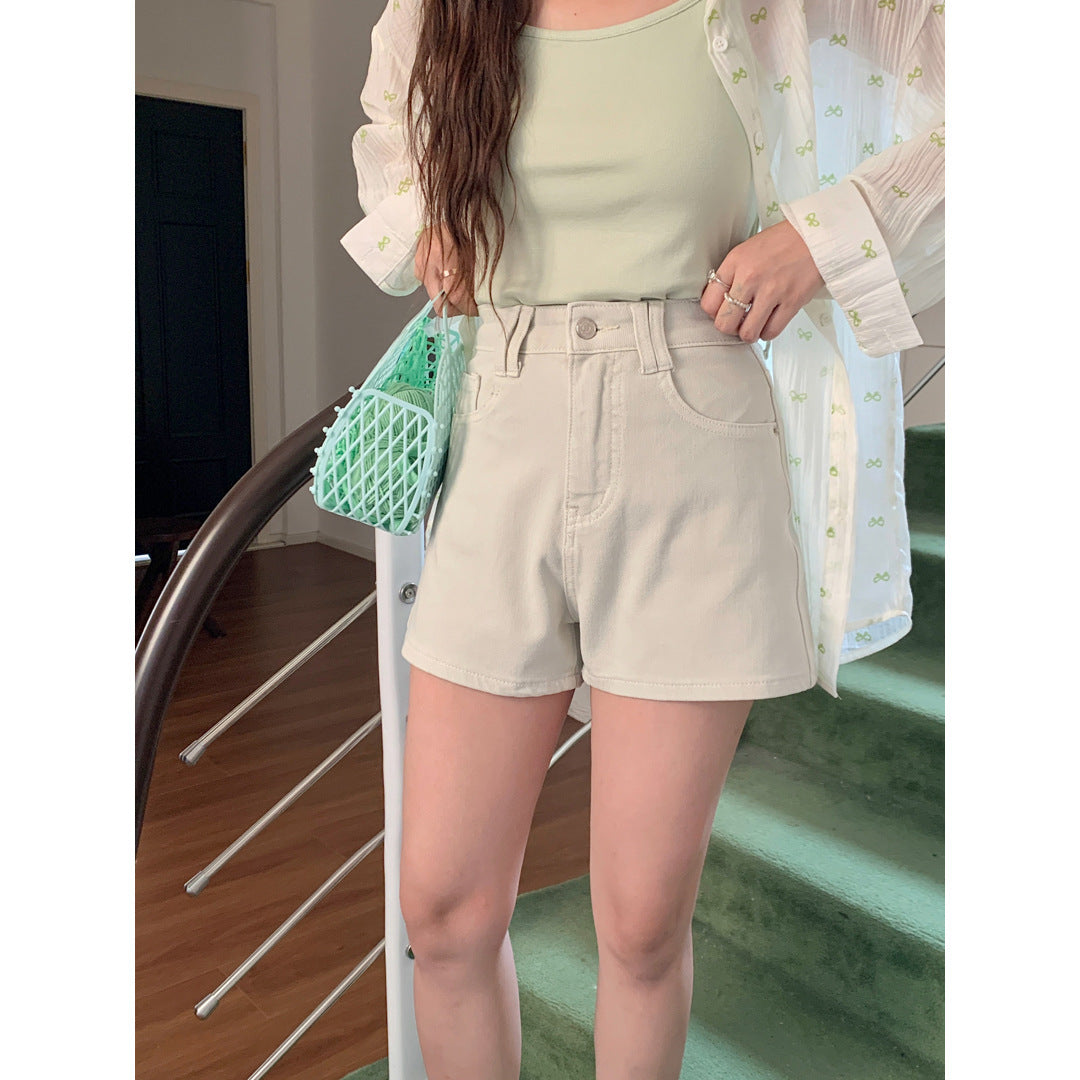 Women's Four Sided Elastic Light Colored High Waisted Denim Shorts