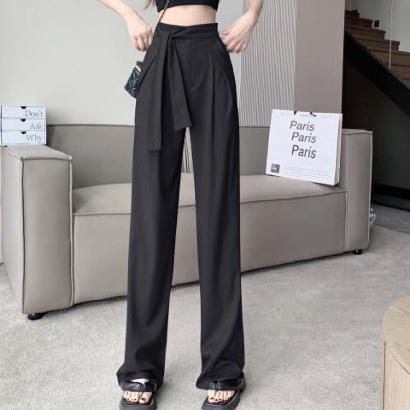 Design Gray Suit Pants For Women Lace-up Drape Wide Leg