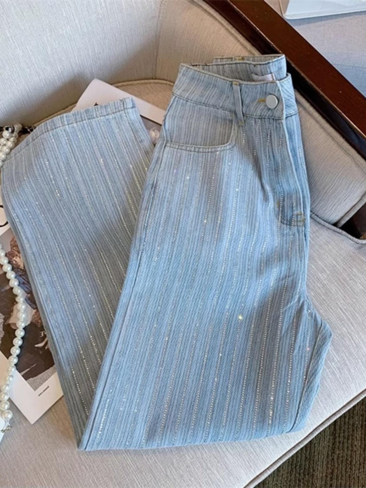 Striped Rhinestone High Waist Wide Leg Jeans