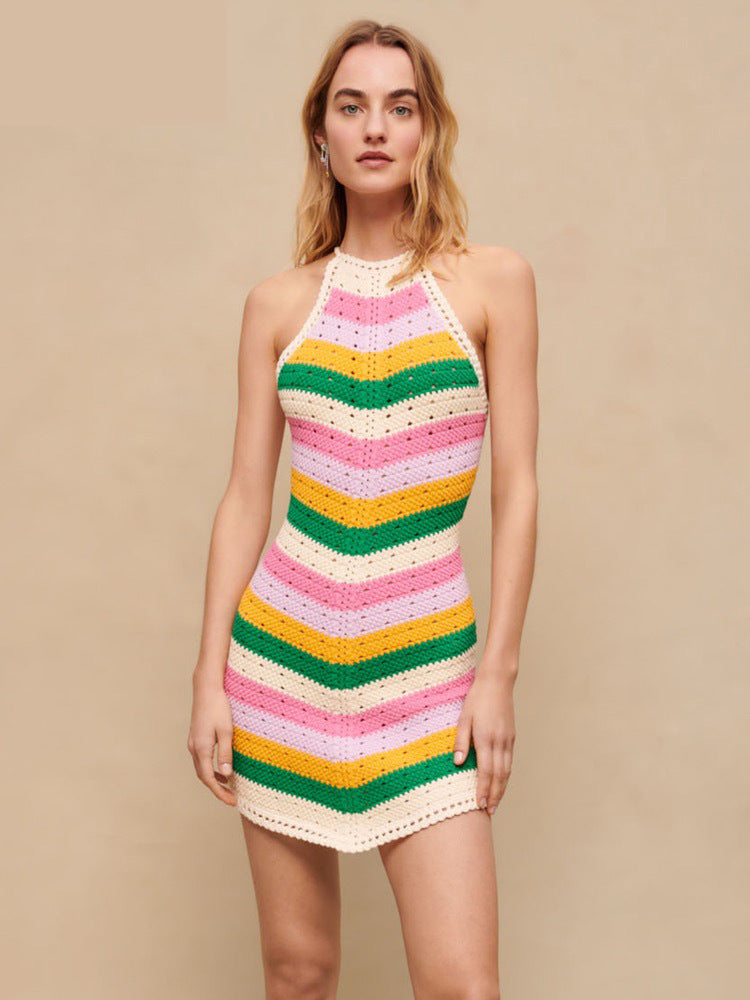 Striped Hollow-out Vacation Style Halter Knitted Dress