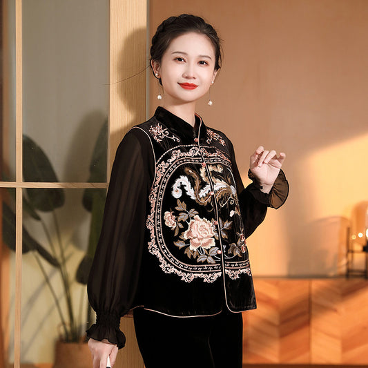 Women's Silk Velvet Embroidered Vest Sleeveless Stand Collar Tangzhuang Top