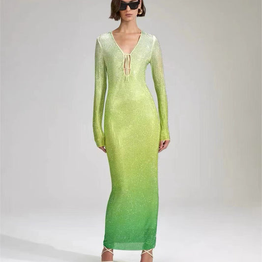 Gradient Green Shiny Rhinestone Deep V Sheath Dress