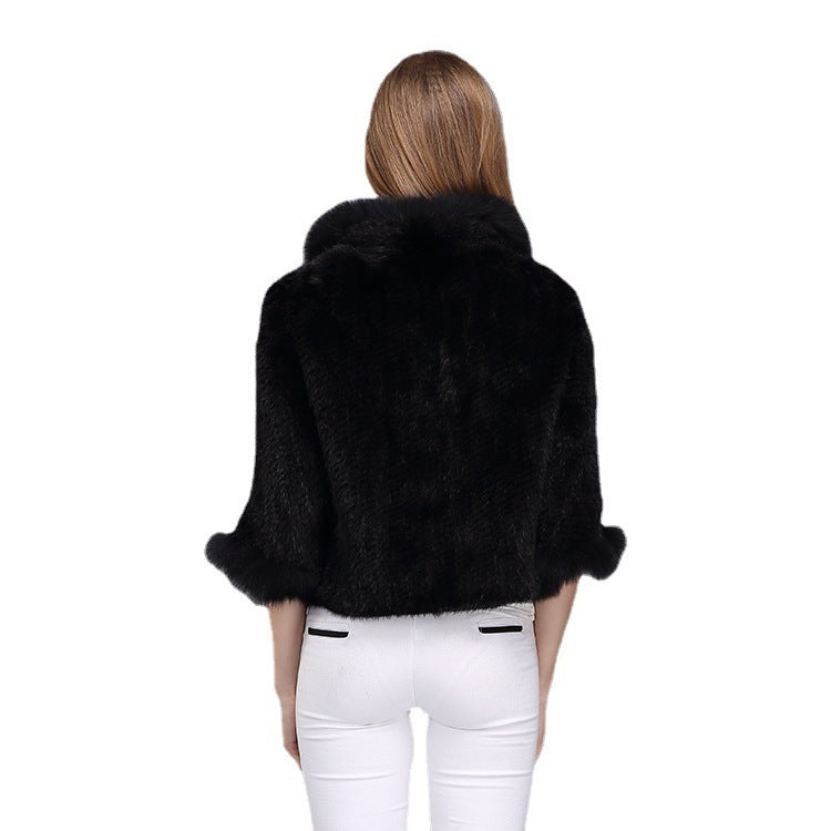 Temperament Warmth Fox Fur Collar Woven Shawl Leather