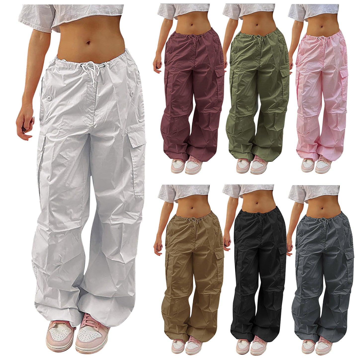 Pantalones Cargo Casuales Para Mujer Color Sólido Diseño De Bolsillo Con Cordón Pantalones De Calle De Moda Niñas