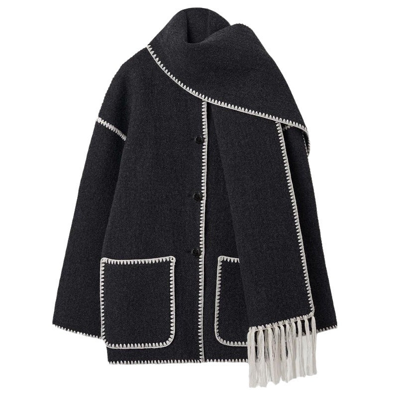 Manteau en laine épais pour femmes, avec écharpe, pompon, veste ample, décontractée, bureau, Streetwear, automne et hiver