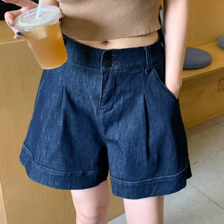 Short en jean taille haute à jambes larges pour femme