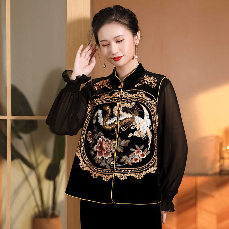 Women's Silk Velvet Embroidered Vest Sleeveless Stand Collar Tangzhuang Top