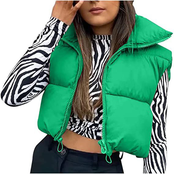 Gilet court d'hiver pour femmes, couleur unie, fermeture éclair, sans manches, veste à revers, manteau à pain à la mode